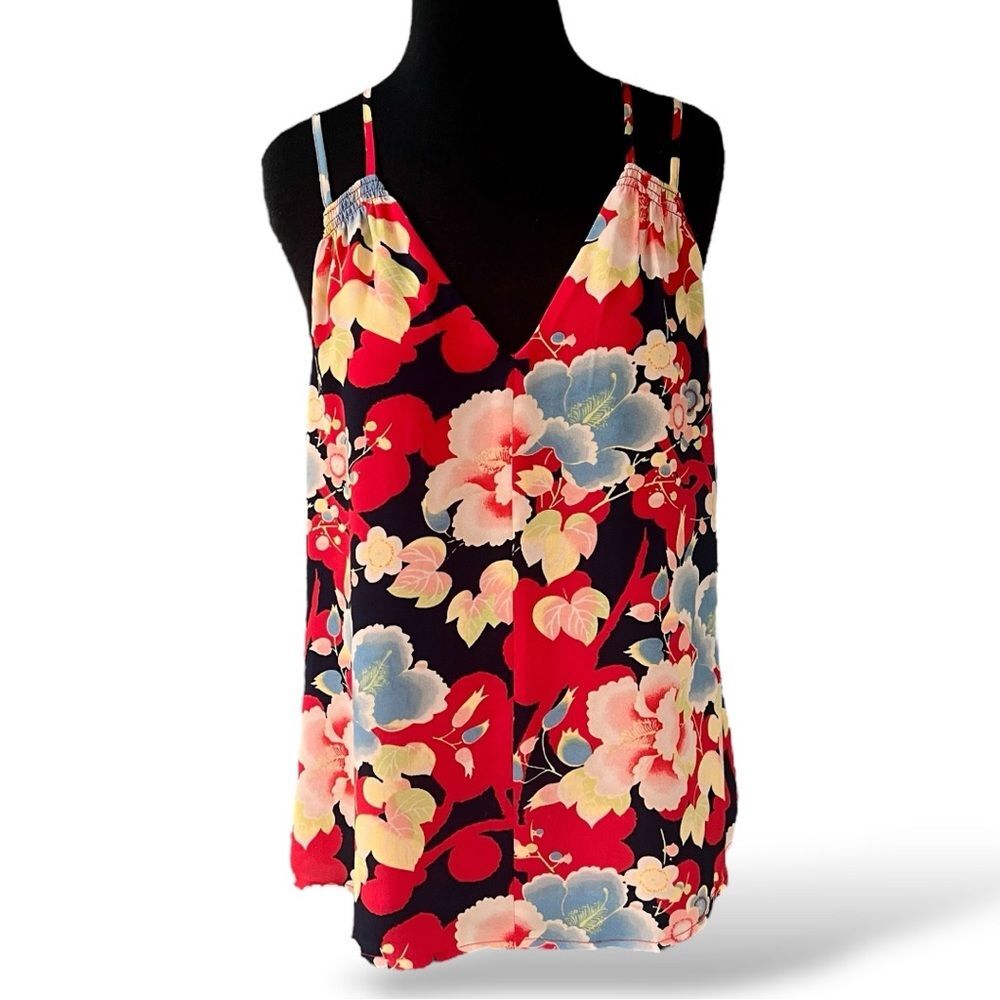 LOFT Ann Taylor Red Floral Double Strap Cami With Plunging Neckline | Women's M